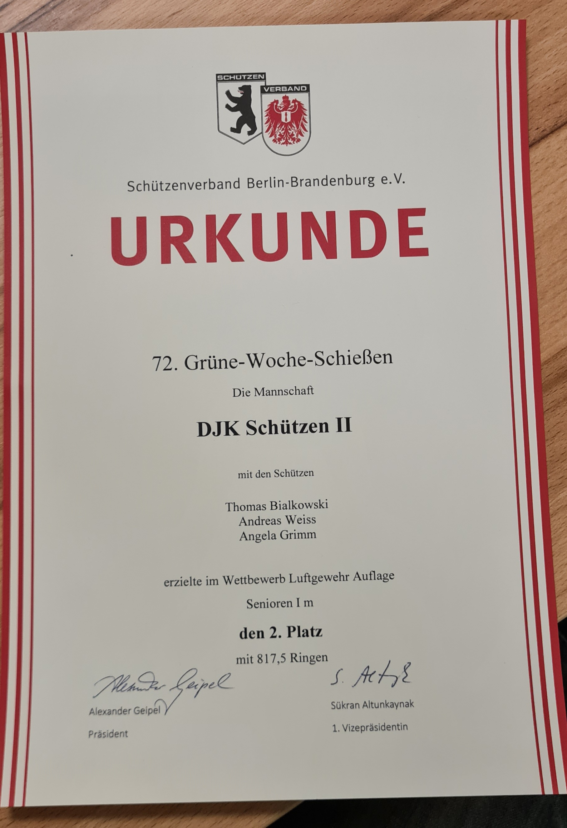 Urkunde für den 1. Platz