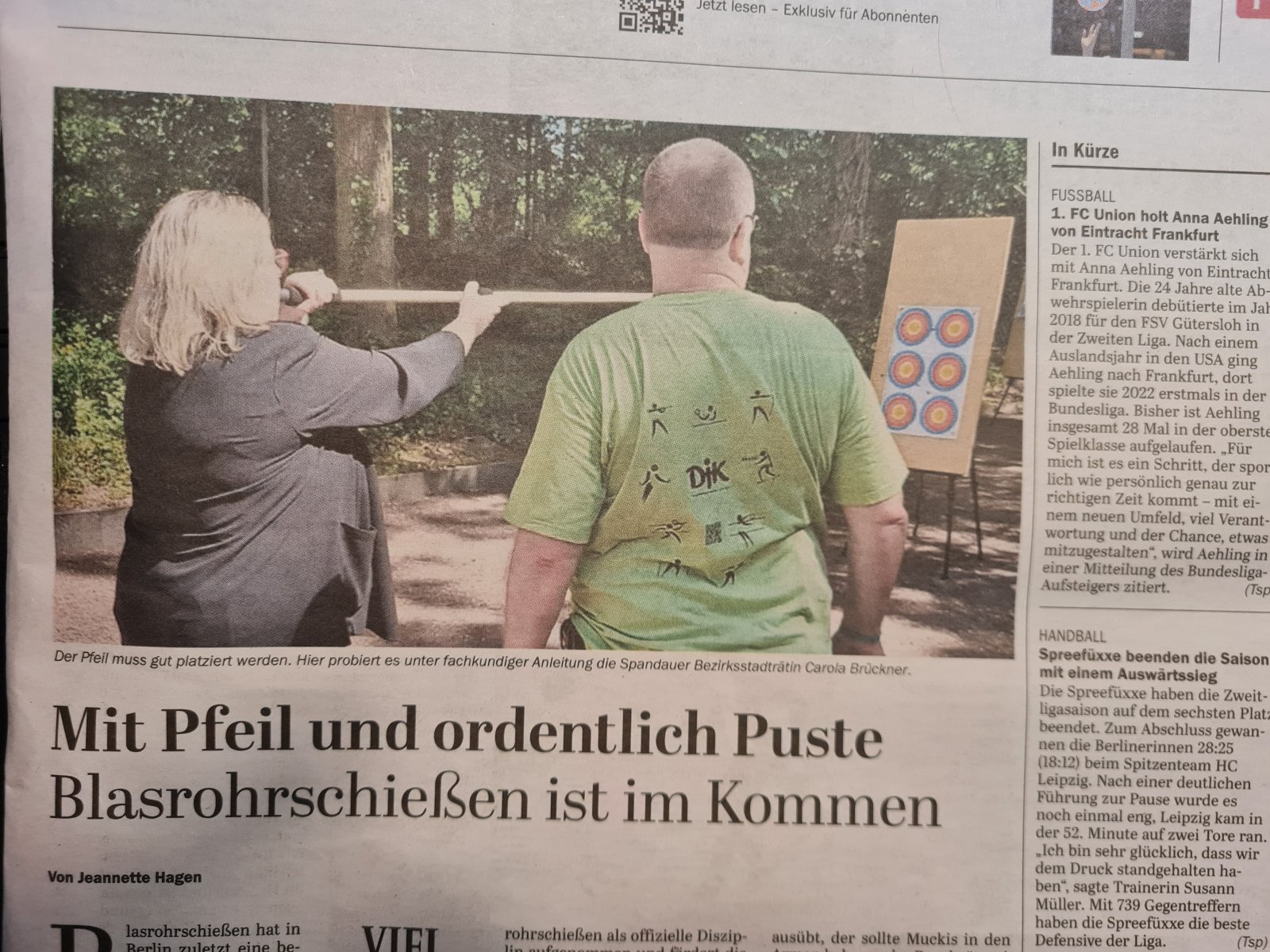 Artikel Blasrohrschießen im Tagesspiegel