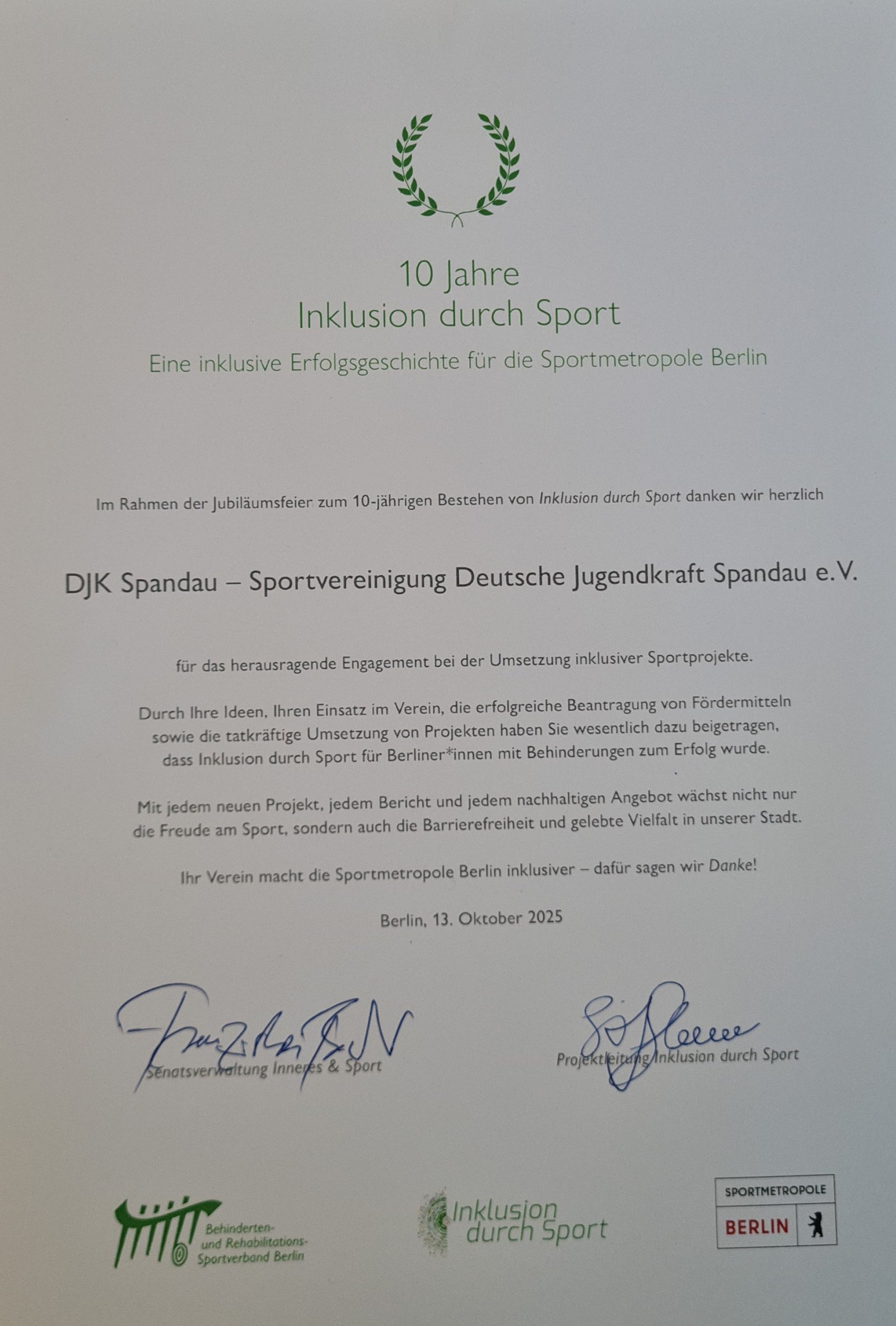 UrkuUrkunde 10 Jahre Inklusion durch Sportnden 1. Platz KM 2026 Bogen 3D Urkunde 10 Jahre Inklusion durch Sport