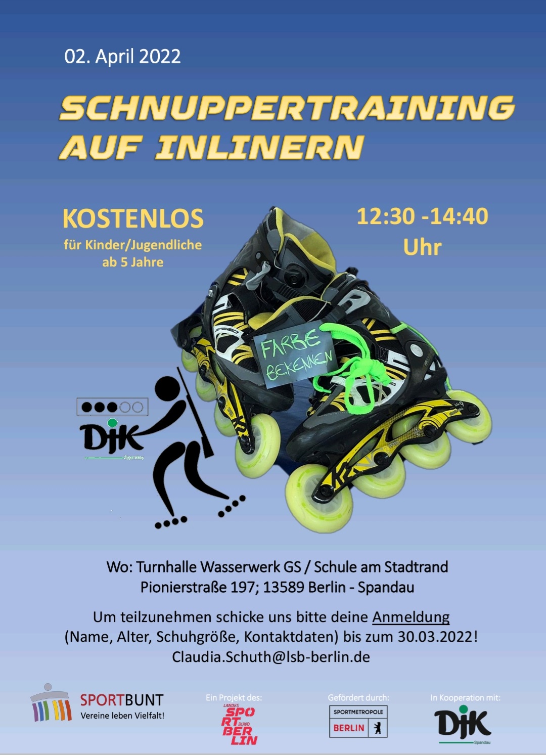 Ausschreibungsplakat für das Schnuppertraining am 2.4.2022
